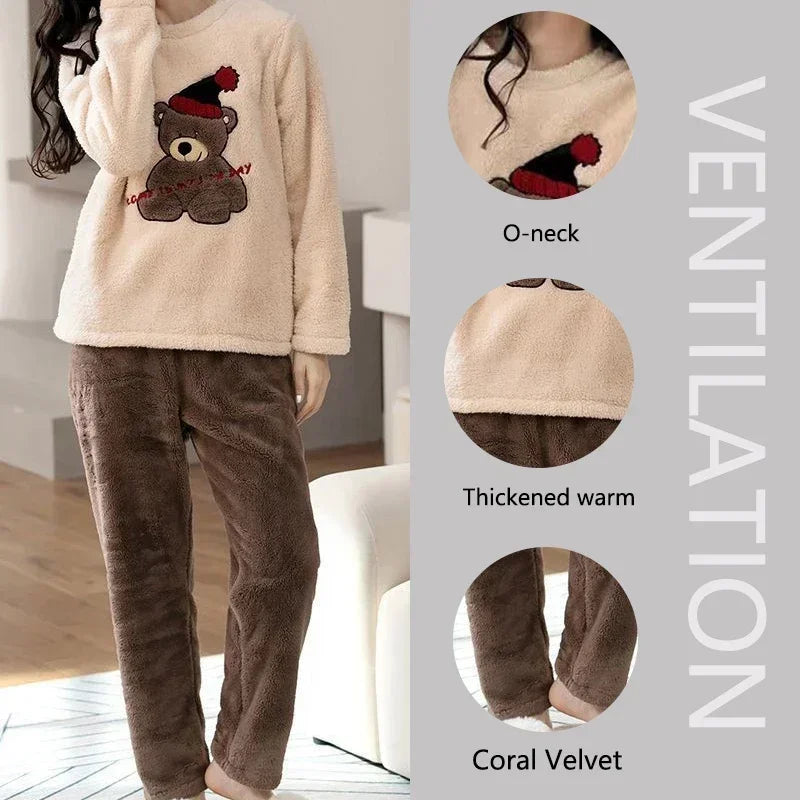 Cozy Cartoon Bear Flannel Loungewear Set for Couples