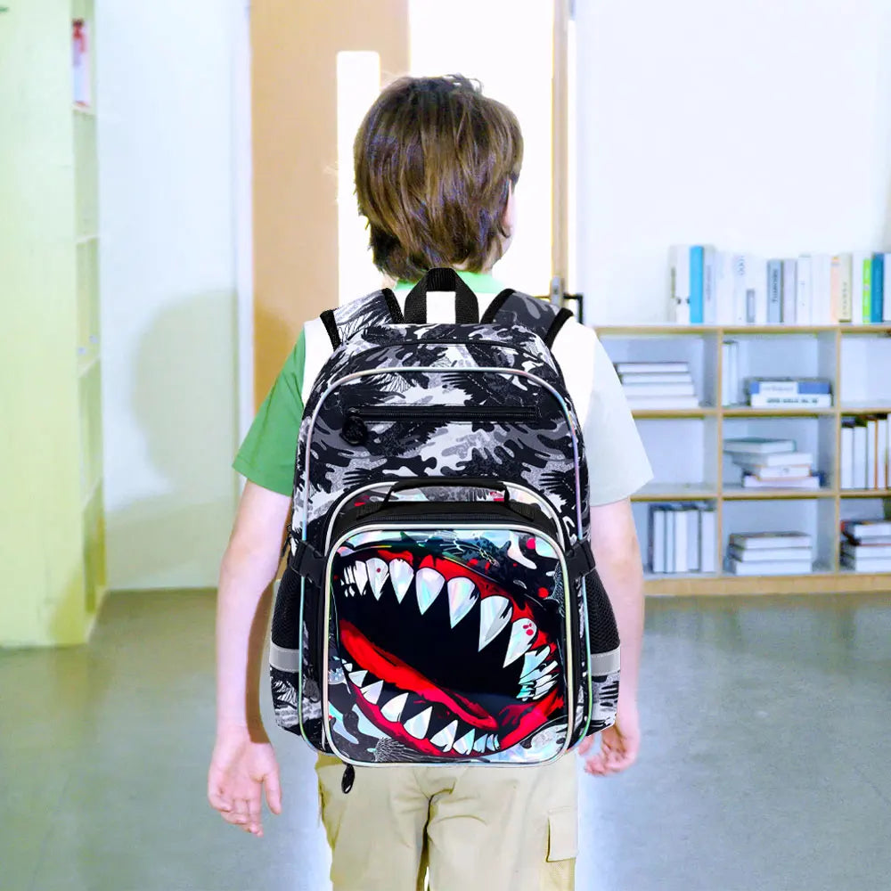 16" Shark Backpack Set for Boys | Cool School Bookbag & Lunch Box