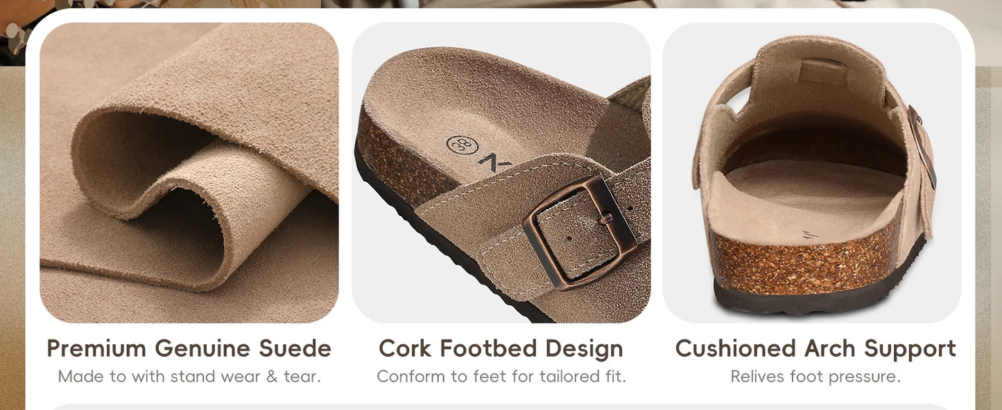 Women's Adjustable Buckle Cork Clogs | Comfortable Suede Slippers