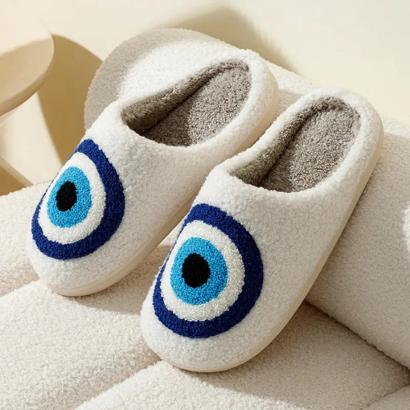 Women's Blue Evil Eye Plush Slippers | Cozy Indoor Nazar Shoes