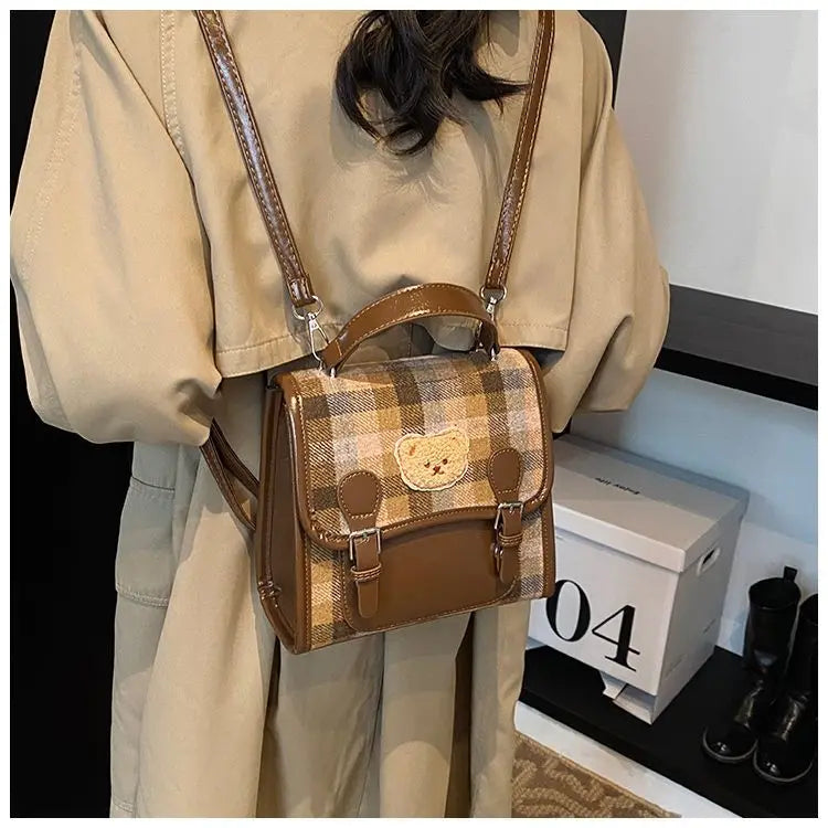 Cute Bear Backpack for Women | Vintage Plaid Student Bag