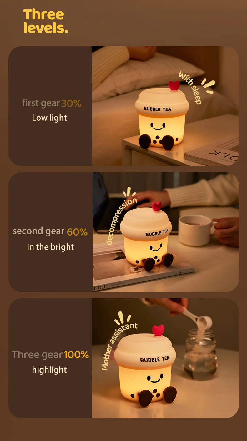 Bonita luz nocturna LED de té de burbujas | Lámpara de ambiente recargable
