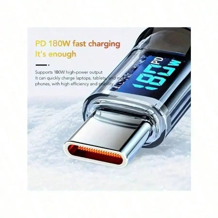 180W ultra fast charging USB A to Type-C cable with LED digital display, matte surface, data synchronization,