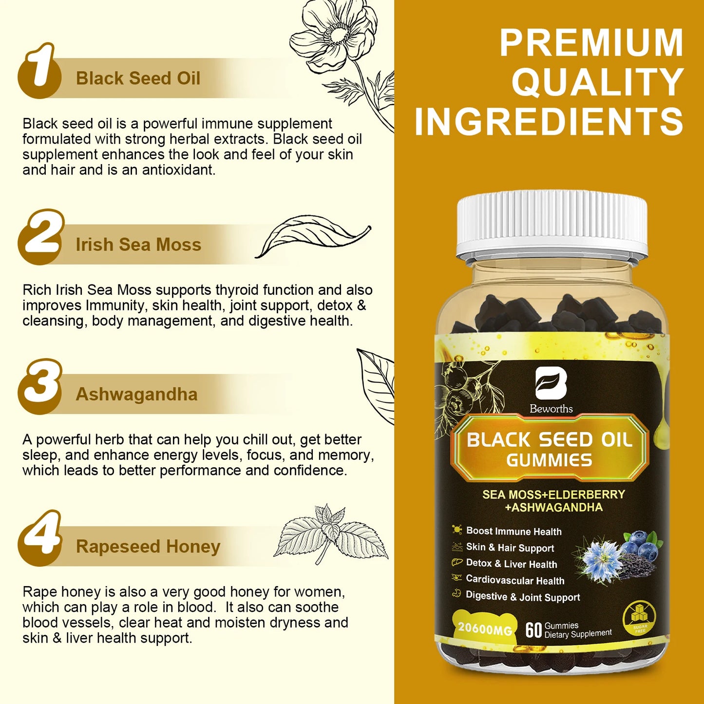 12 in 1 Black Seed Oil Gummies with Ashwagandha for Health