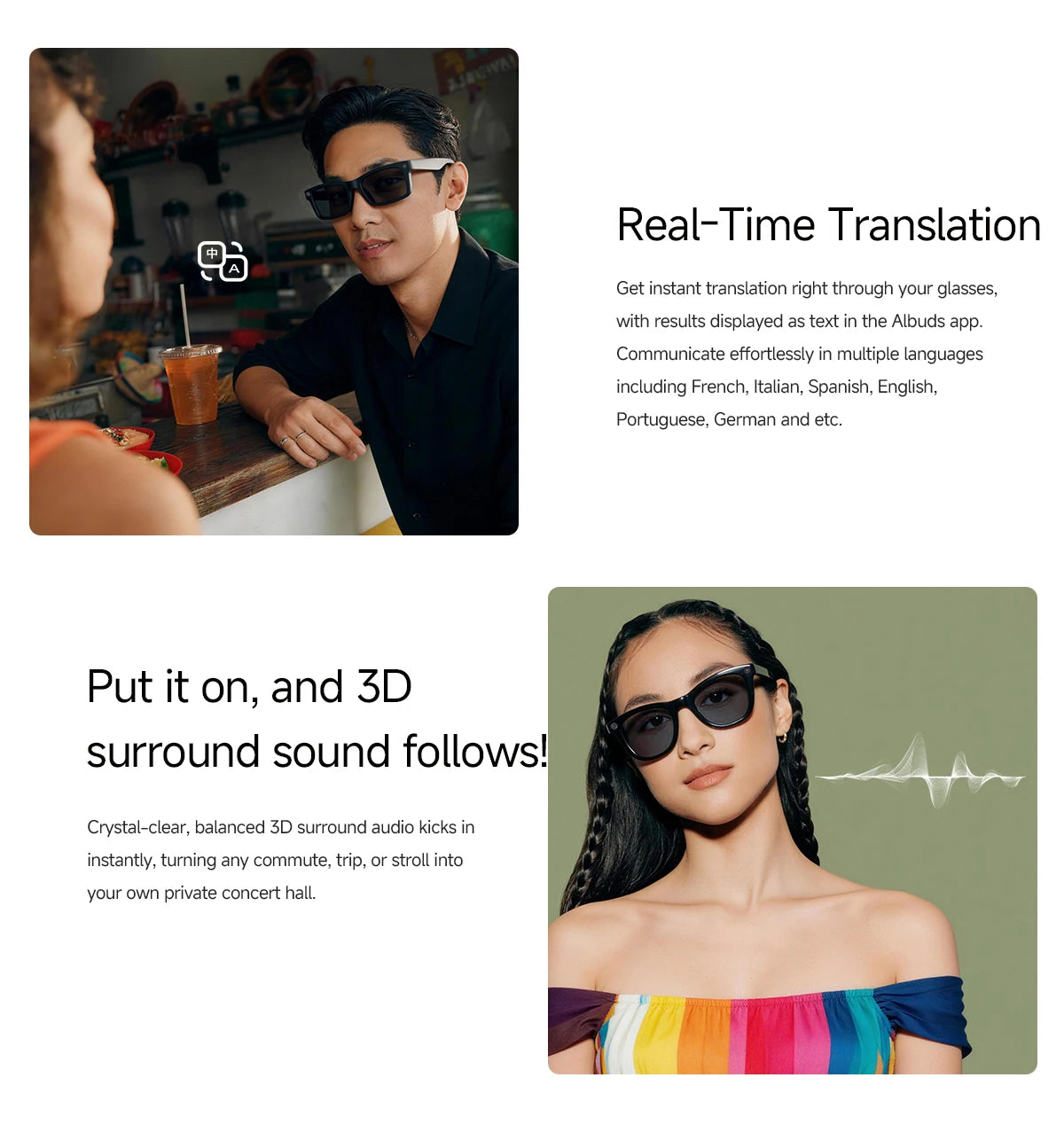 AI Smart Glasses with Real-time Translation and 800W Camera