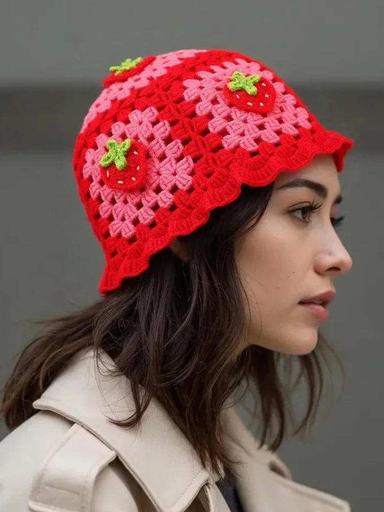 Charming Cartoon Strawberry Fishing Hat | Trendy Bohemian Crochet
