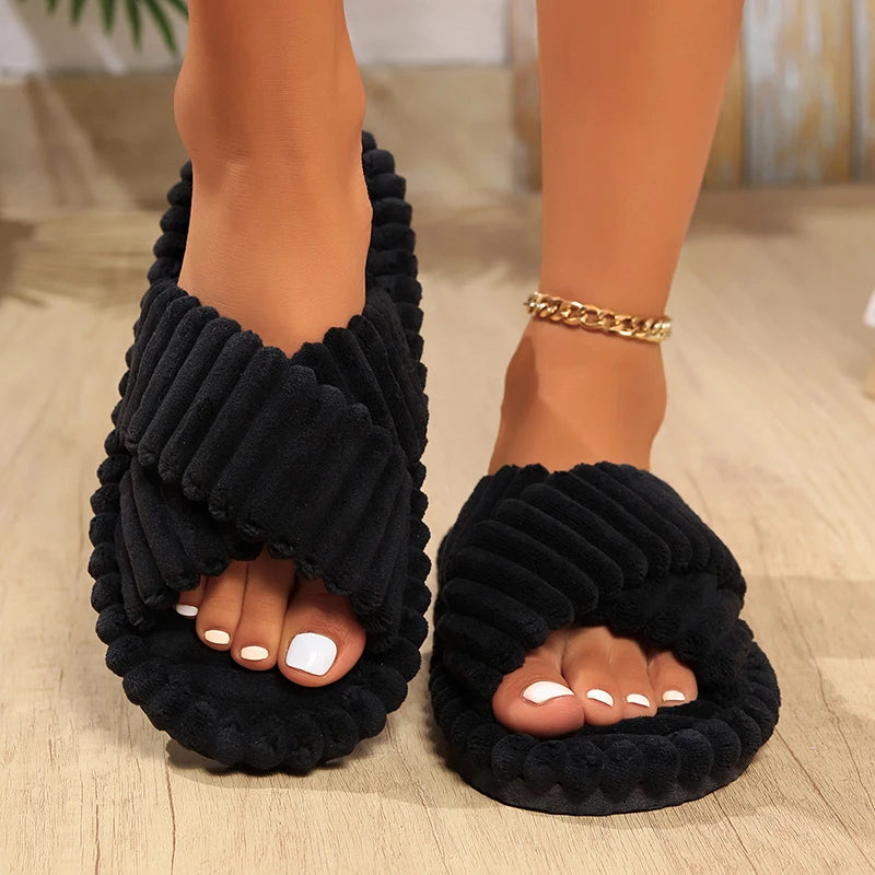 Women's Corduroy Cross Band Plush Slippers | Warm Cozy House Shoes