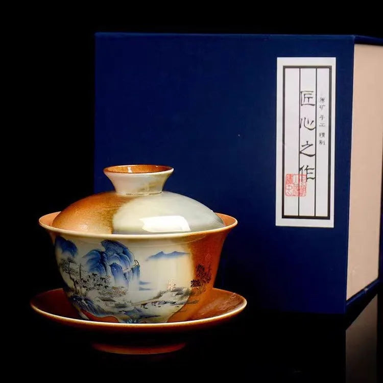 Hand Painted Lotus Gaiwan Tea Tureen | Vintage Ceramic Teacups