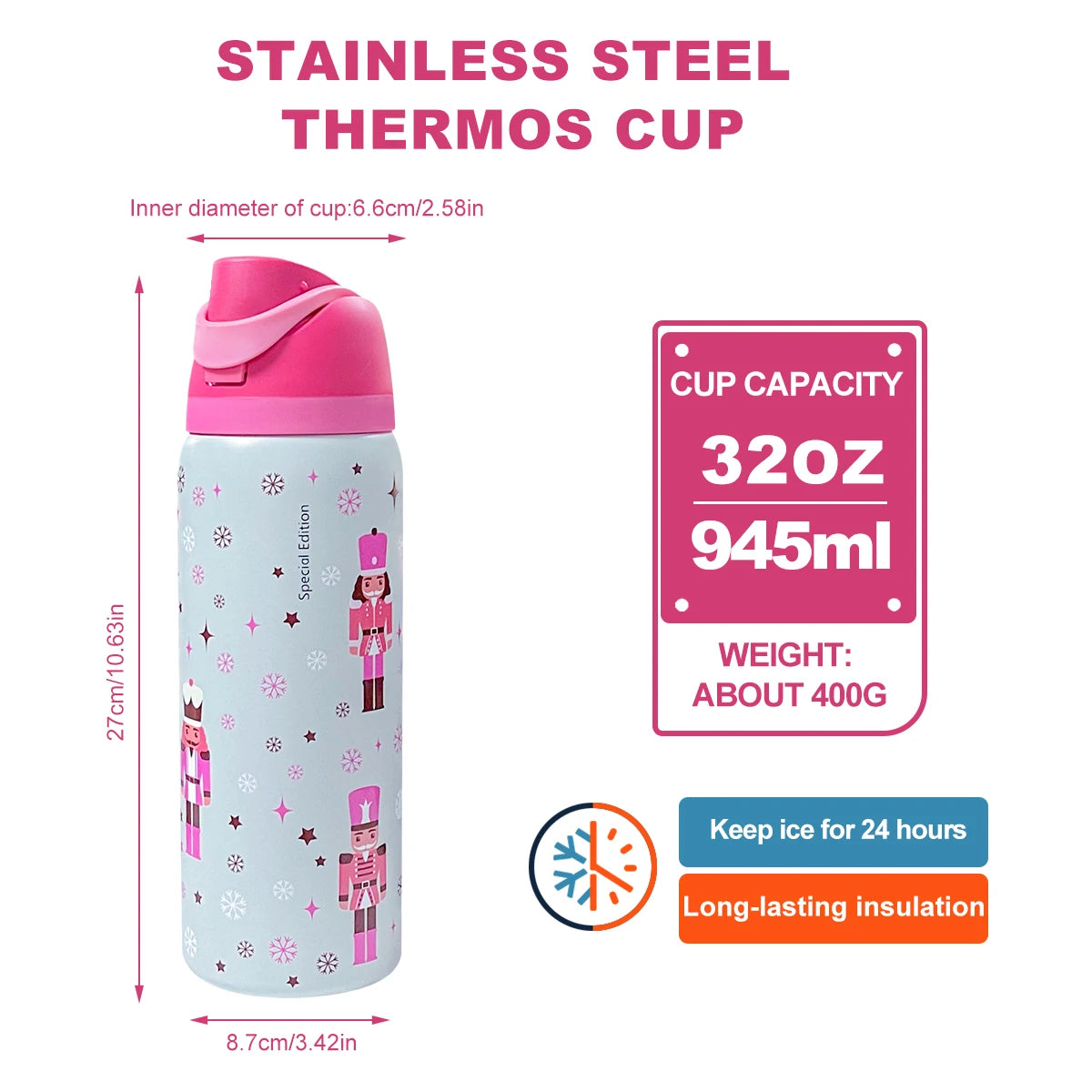Cute Pattern Insulated 32oz Stainless Steel Water Bottle with Straw