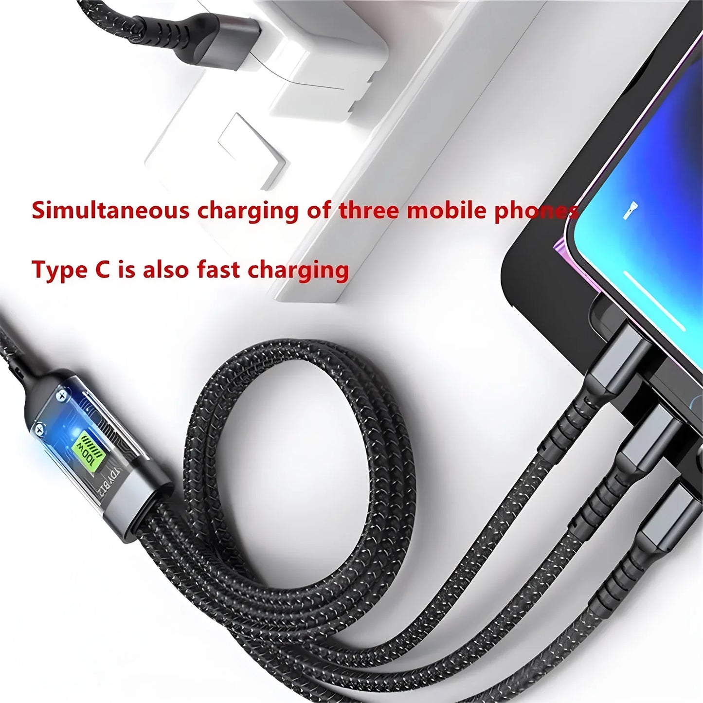 100W 3 In 1 Transparent Pilot Lamp Super Fast Charging Cable