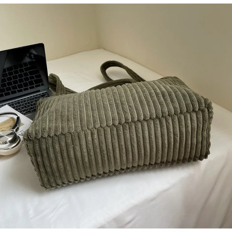 Bolso de mano de terciopelo a rayas de gran capacidad | Bolso tote elegante y versátil
