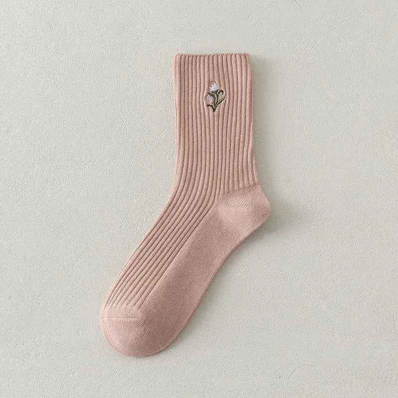 Cute Pink Flower Embroidery Socks for Women | Kawaii Retro Style