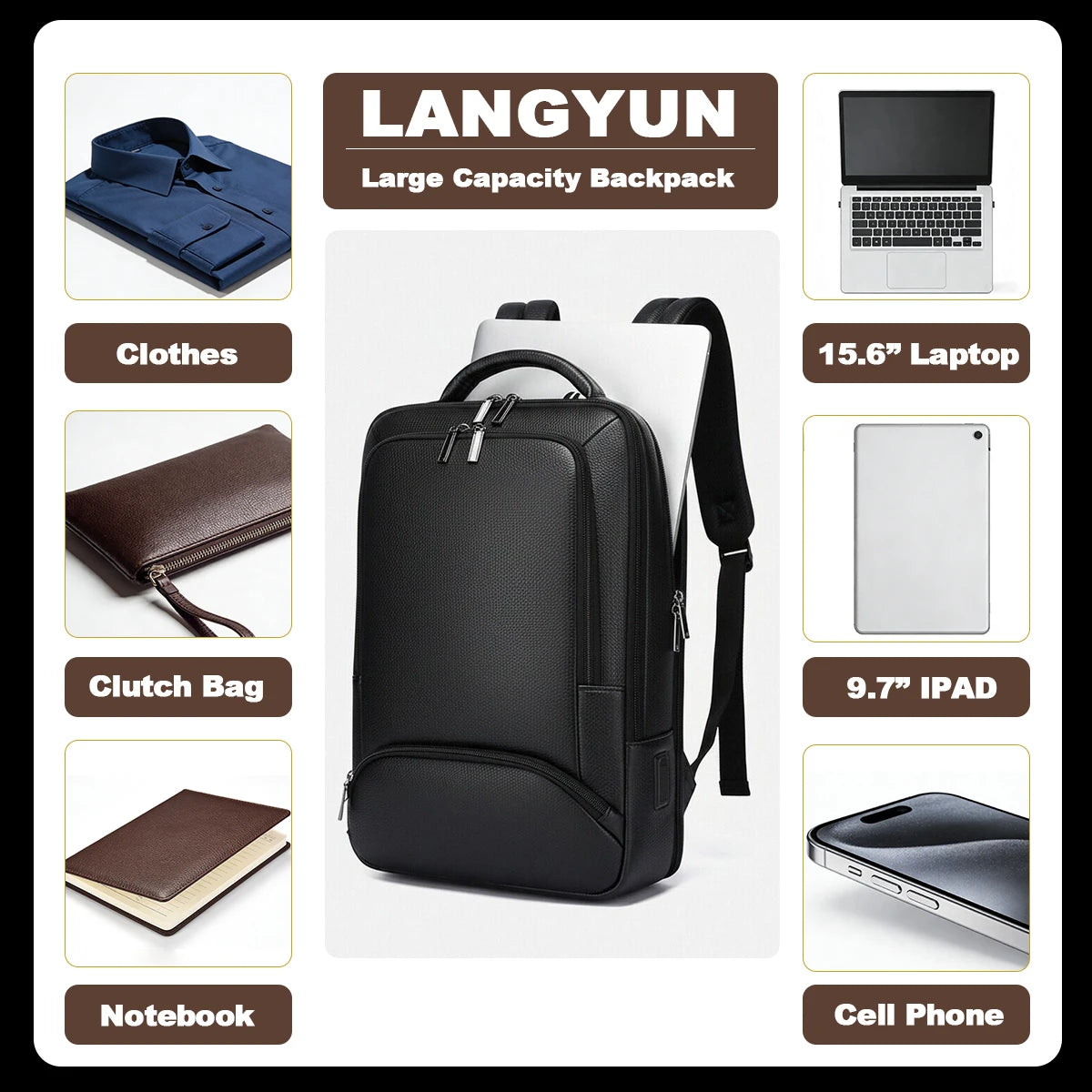 Mochila de piel sintética para hombre | Elegante bolsa para portátil de 15,6 pulgadas