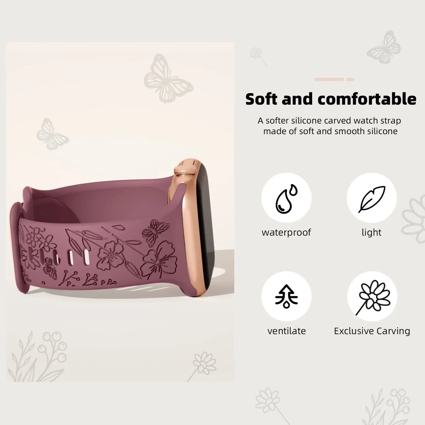Floral Engraved Silicone Strap | Elegant Replacement Band for Apple Watch