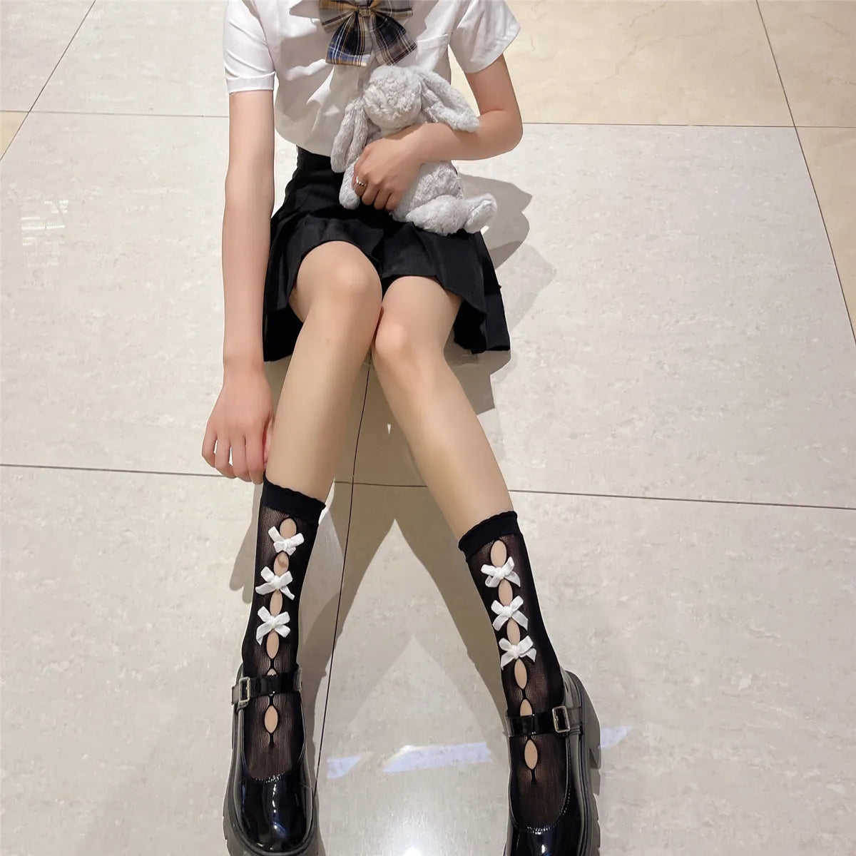Kawaii Hollow Out Mesh Fishnet Socks | Cute Bow Long Stockings
