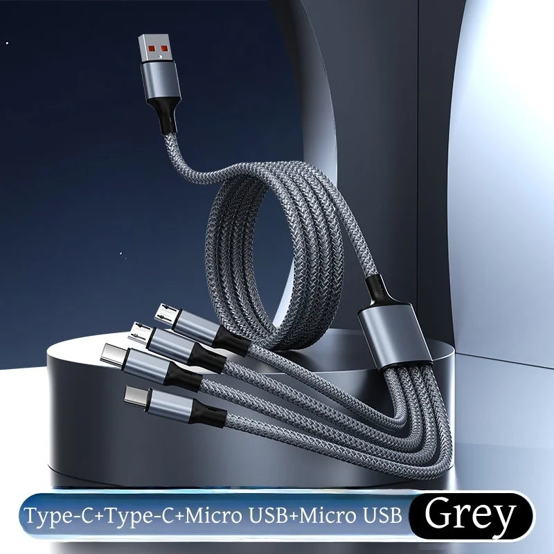 4-in-1 Multifunctional Charging Cable Supports USB-A to USB-C, Micro USB, and Braided Cables for Charging Multiple Devices