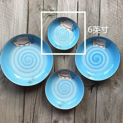 Multi-Color Cartoon Lucky Cat Round Ceramic Plate | Joyful Dining
