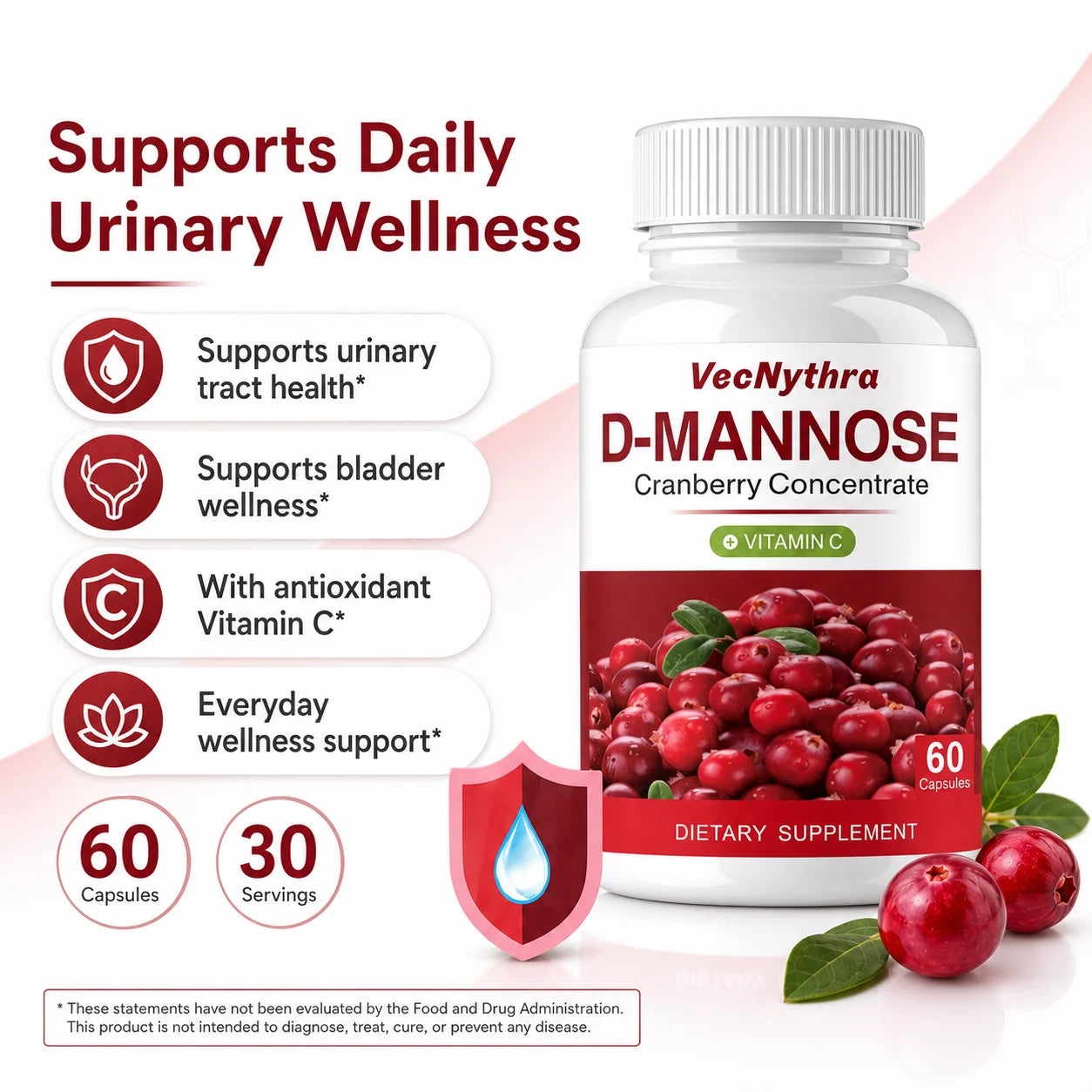 Cranberry D-Mannose Supplement with Vitamin C | 60 Capsules