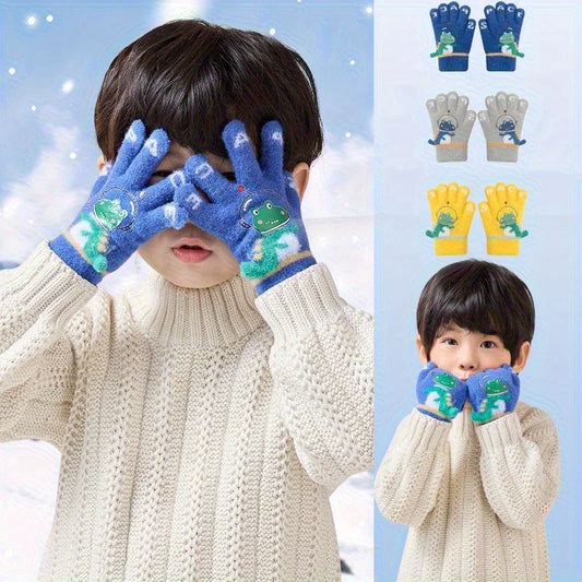 Guantes con forro polar de dinosaurio de dibujos animados para niños | Manoplas de invierno cálidas