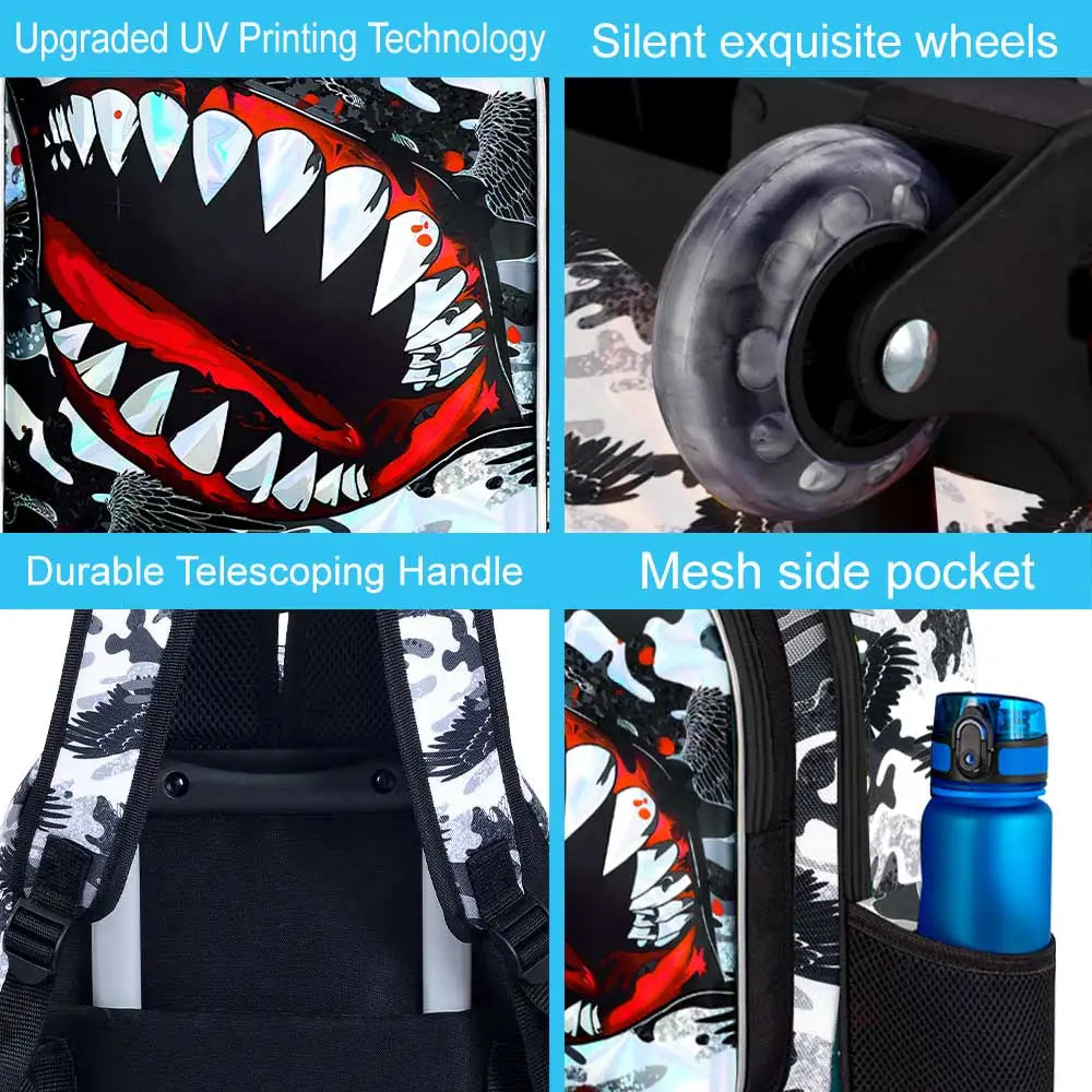 3PCS Shark Rolling Backpack for Boys | Kids Wheeled School Bag