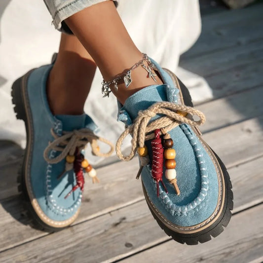 Women's Lace-Up Retro Bead Sneakers | Stylish Flat Shoes