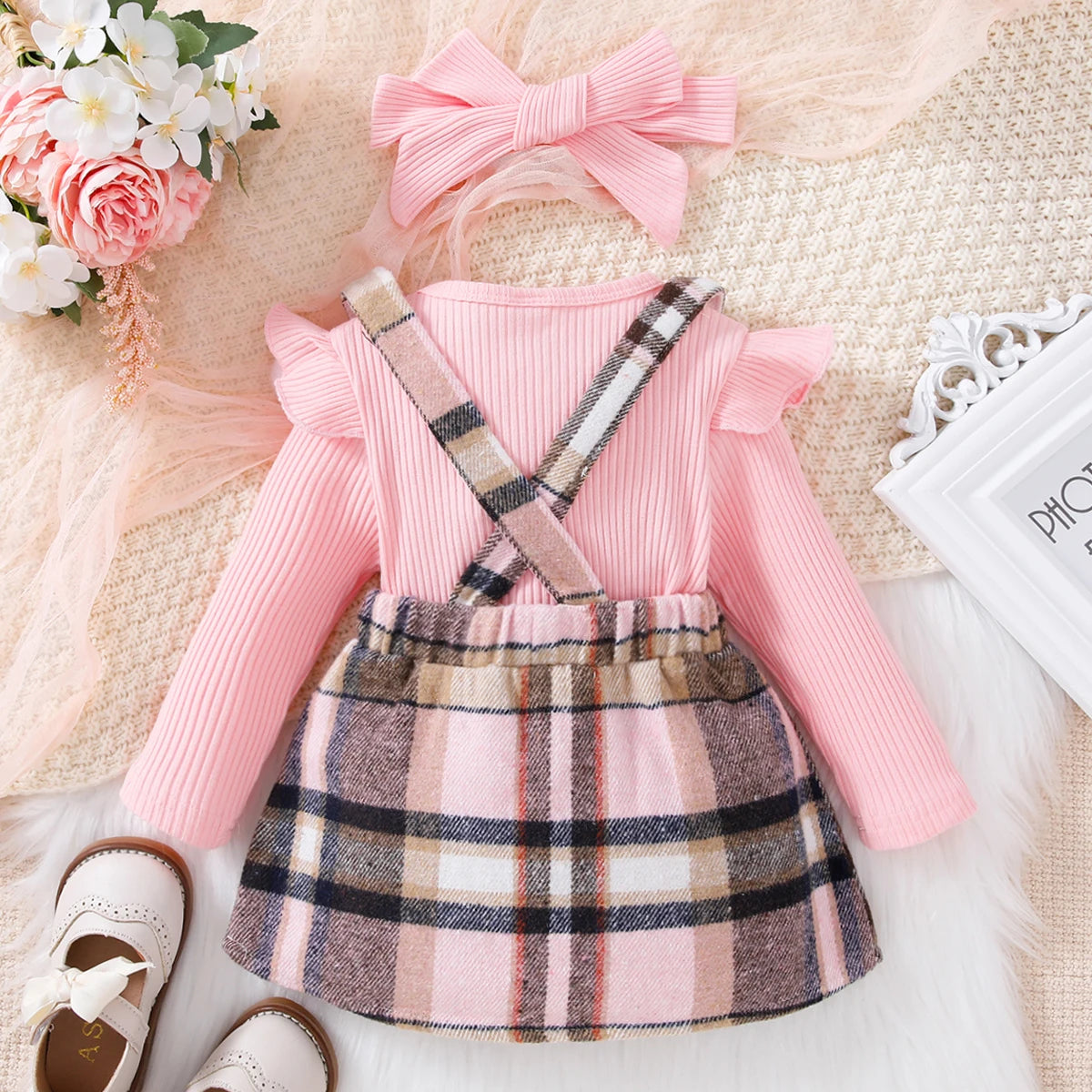 Conjunto de camiseta de manga larga rosa linda y vestido casual para niñas