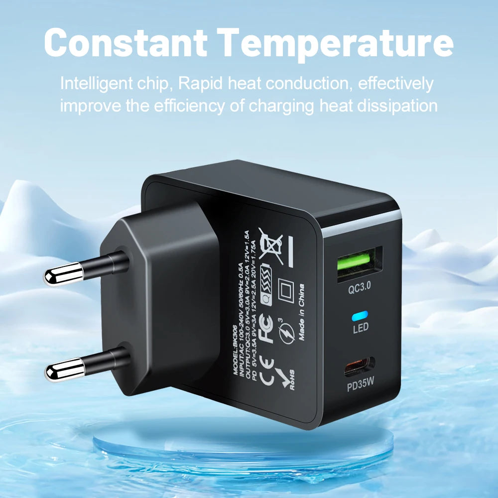 35W GaN Dual Port Fast Charger | USB-C & USB-A Wall Adapter
