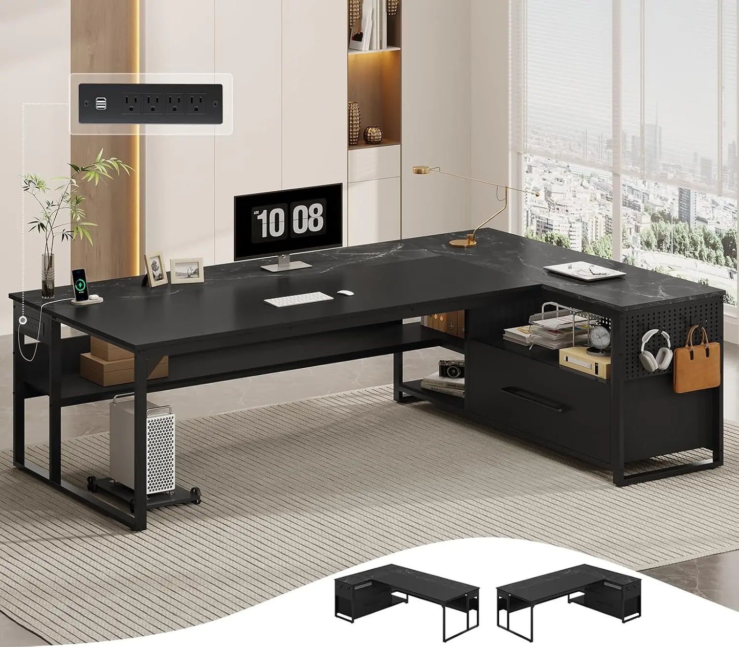 71" L-Shaped Executive Desk | Spacious Office Workstation with Outlets