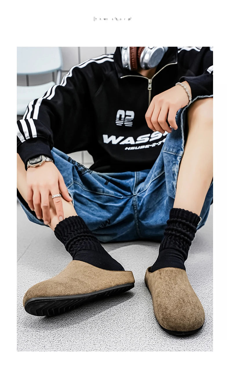 New Men's Slippers New Retro Solid Color Flat Bottom Women's Slingback Shoes Closed Toe Round Toe Suede Clogs Sandals Autumn