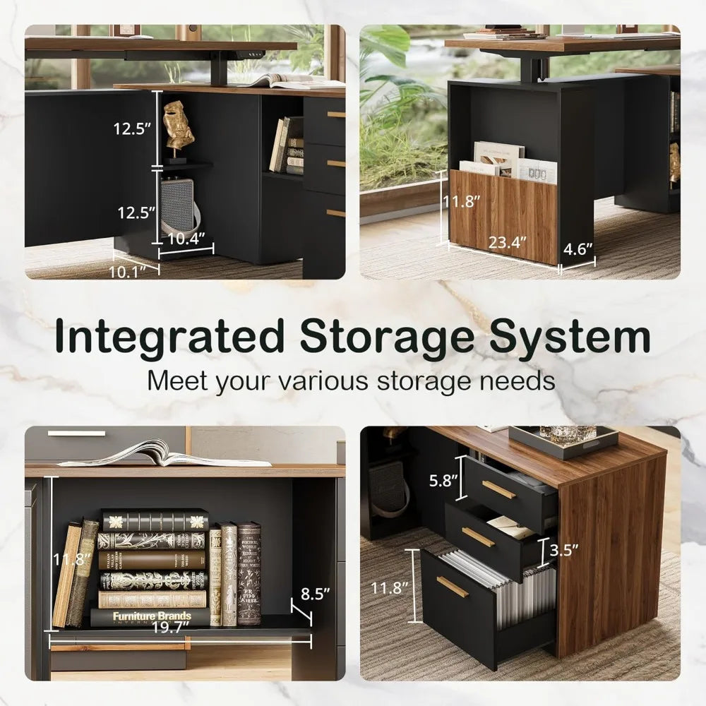 63" Height Adjustable Standing Desk with File Cabinet & Privacy Panel