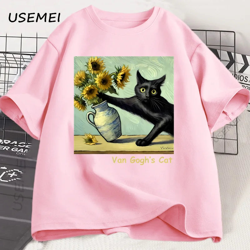 Funny Cat Art Print T-Shirt | Trendy Summer Short Sleeve Tee