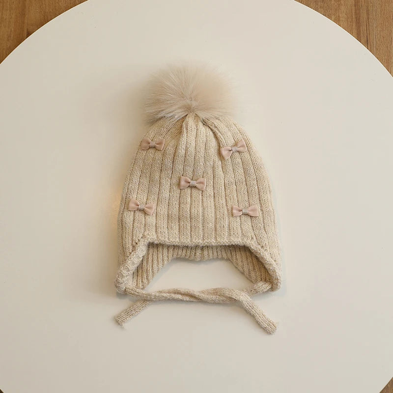 Warm Winter Hat for Girls | Cute Kids Bonnet with Pompom & Bows
