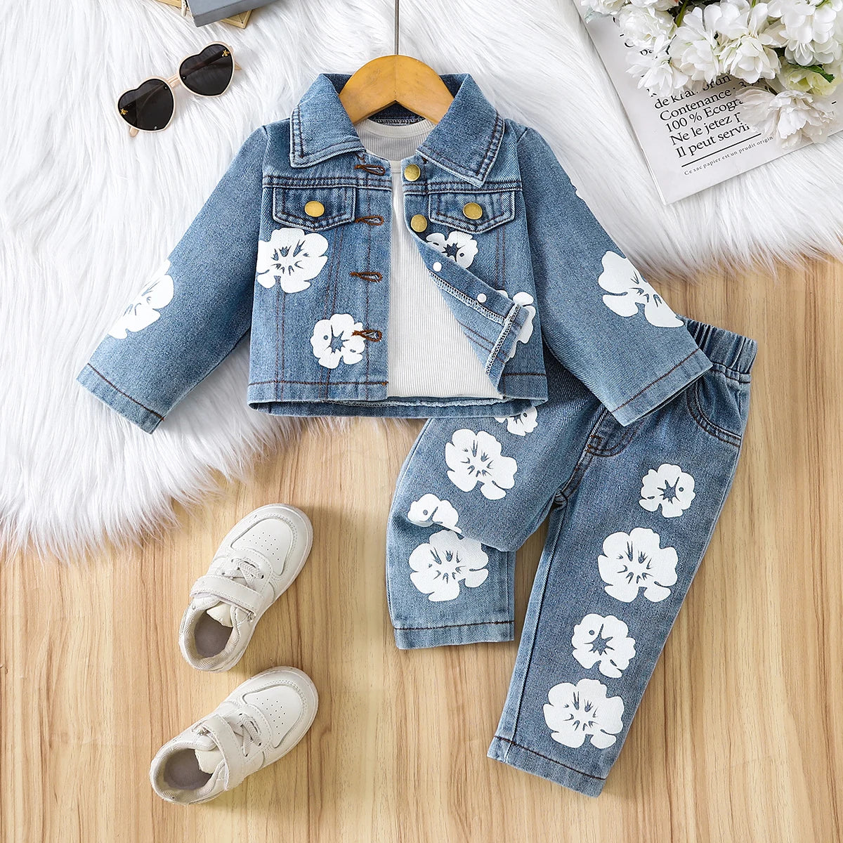 Girls Denim Floral Print Outfit | Sweet Casual Style for Year-Round
