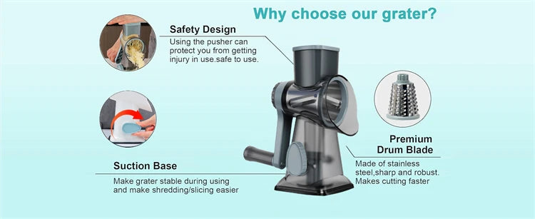 Versatile 3-in-1 Rotary Cheese Grater | Manual Vegetable Slicer