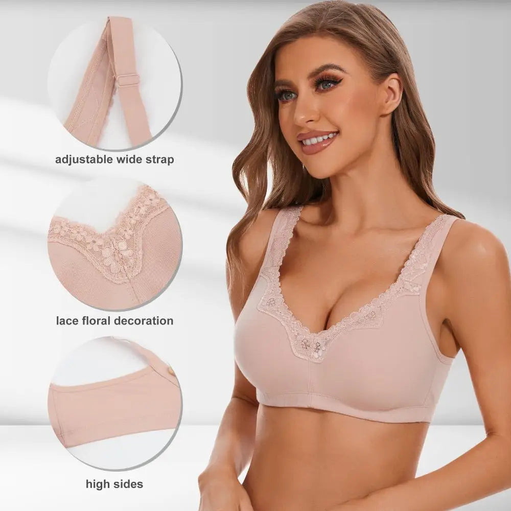Women's Plus Size Floral Lace Wire-Free Cotton Bra for Comfort