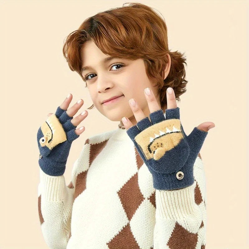 Kids Knitted Alligator Writing Gloves | Warm Winter Fingerless Gloves