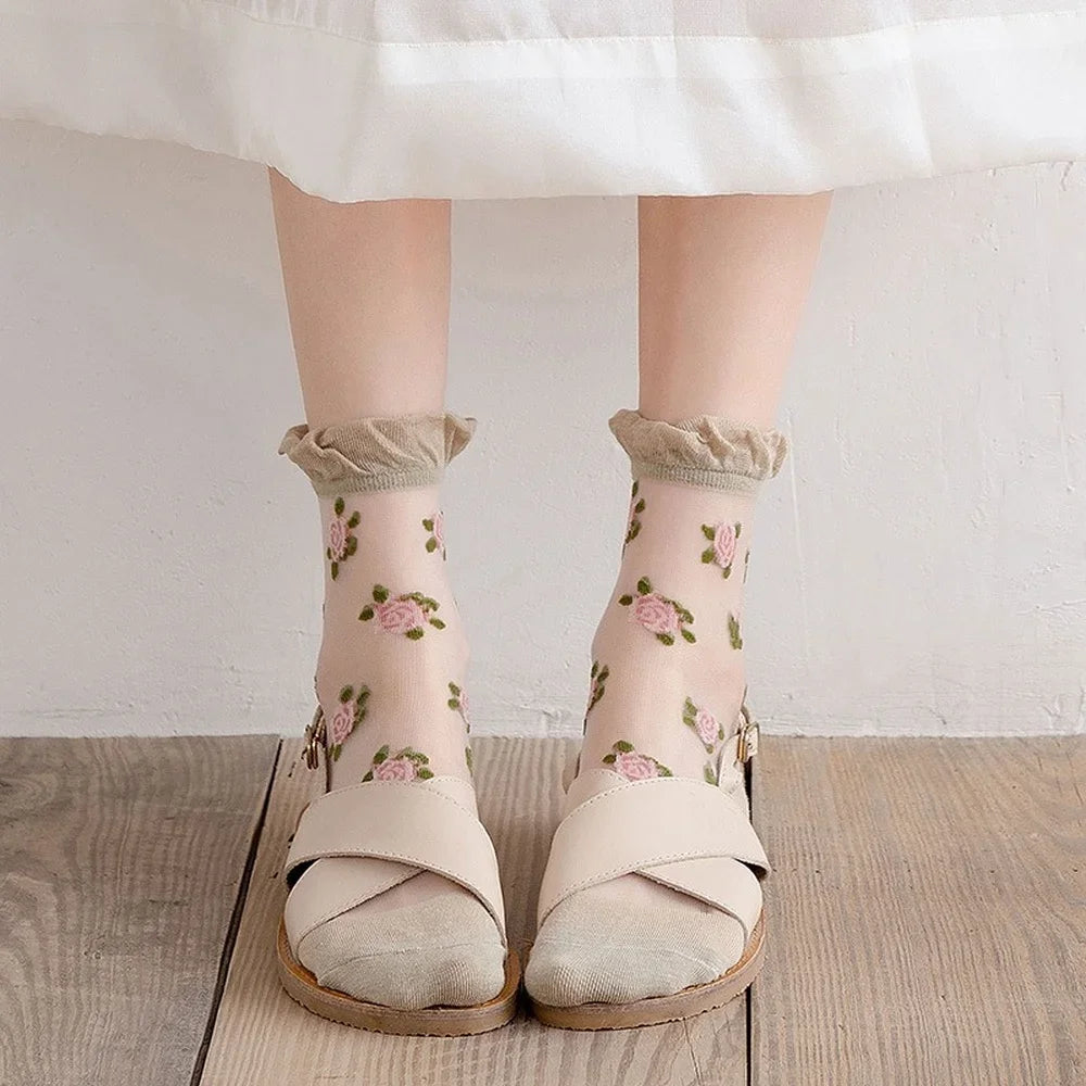 Women's Ultra-thin Lace Ruffle Socks | Vintage Rose Floral Style