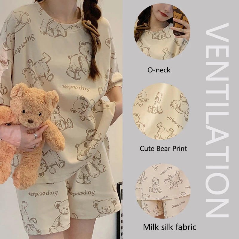 Plus Size Short Sleeve Pajamas for Women | Cute Cartoon Bear Design