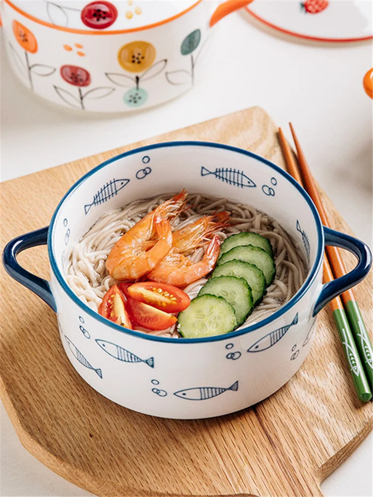 Ceramic Double Ear Bowl with Cover | Perfect for Noodles & Soup