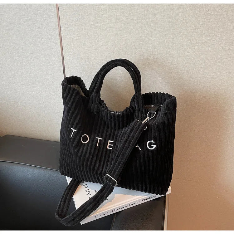 Bolso de mano de terciopelo a rayas de gran capacidad | Bolso tote elegante y versátil