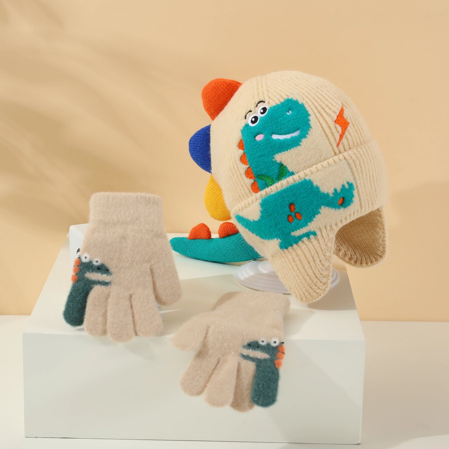 Kids Dinosaur Knitted Beanie & Glove Set | Warm Winter Essentials