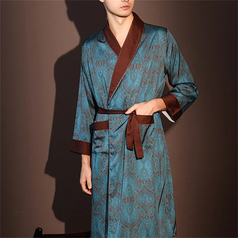 Spring Summer New Mens Robe Printed Bathrobe Kimono Gown Silky Satin Male Sleepwear Night Clothes Loose Casual Homewear Pajama