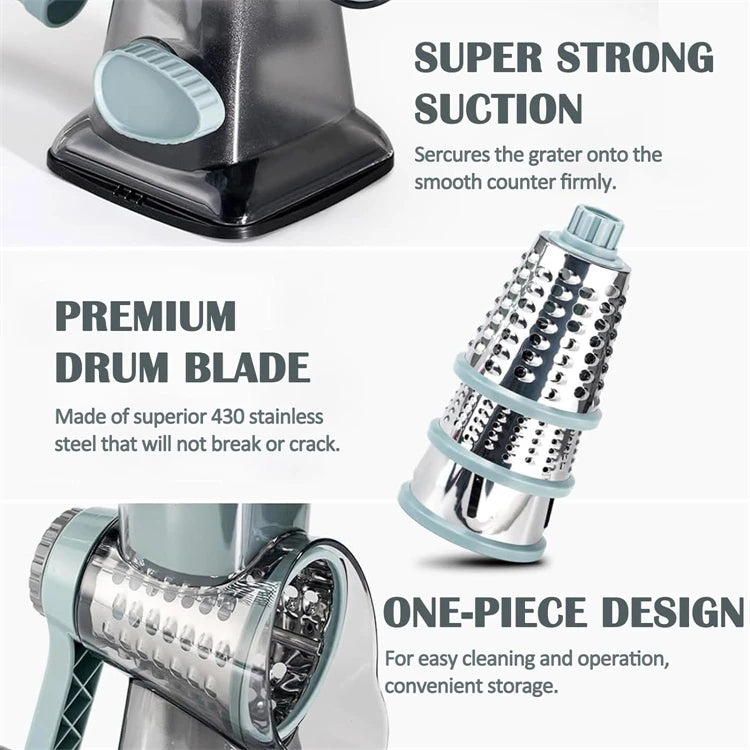 Versatile 3-in-1 Rotary Cheese Grater | Manual Vegetable Slicer