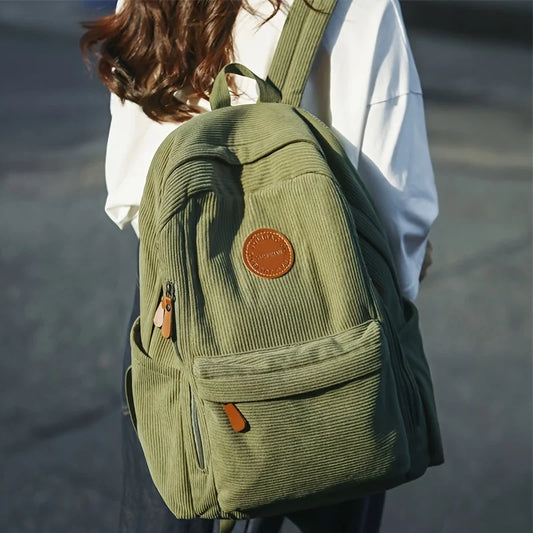 Mochila de pana verde oliva para mujer | Mochila de gran capacidad con estilo