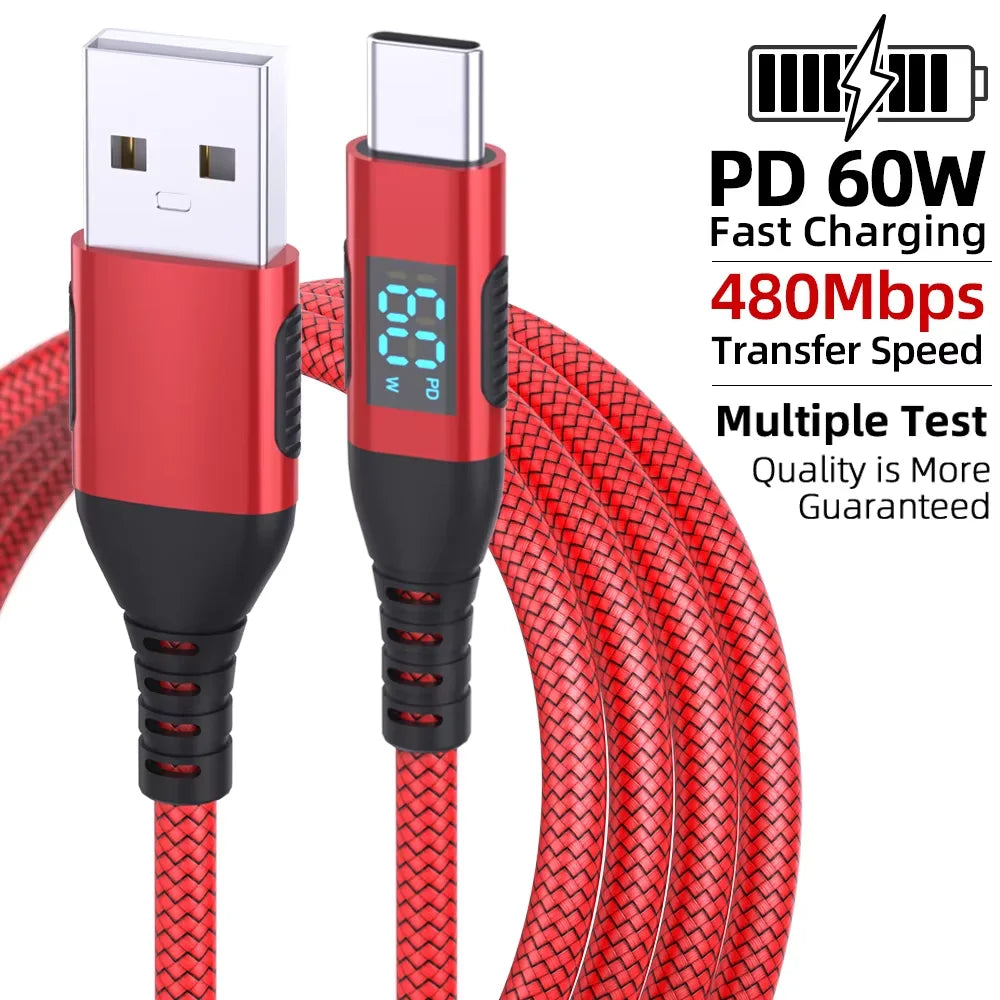 60W USB A to Type C Fast Charging Cable with Digital Display