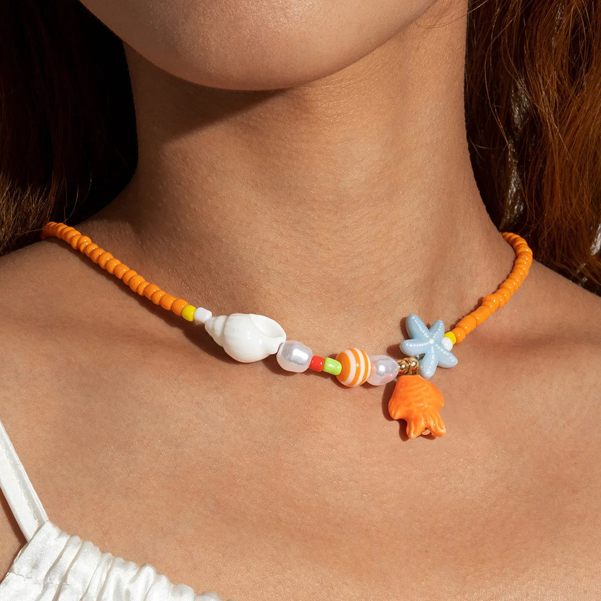 Y2K Boho Acrylic Ceramic Fish Starfish Mushroom Pendant Colorful Bead Choker Necklace For Women Beach Ocean Jewelry Accessories