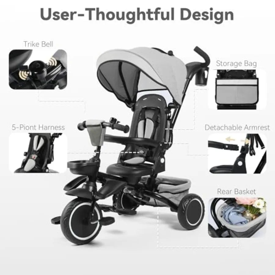 8 in 1 Folding Toddler Tricycle with Canopy and Reversible Seat