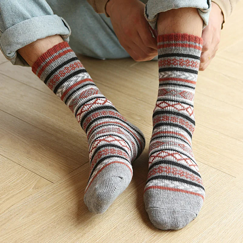 Men's Thick Cotton Mid Tube Socks | Warm Retro Ethnic Stripes