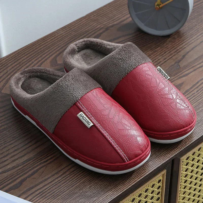Men's Warm PU Leather Plush Slippers | Cozy Waterproof House Shoes