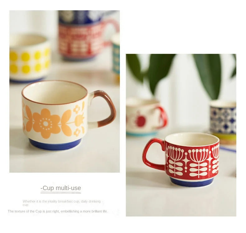 300ml Japanese Flower Ceramic Mug Set | Retro Drinkware for All Occasions